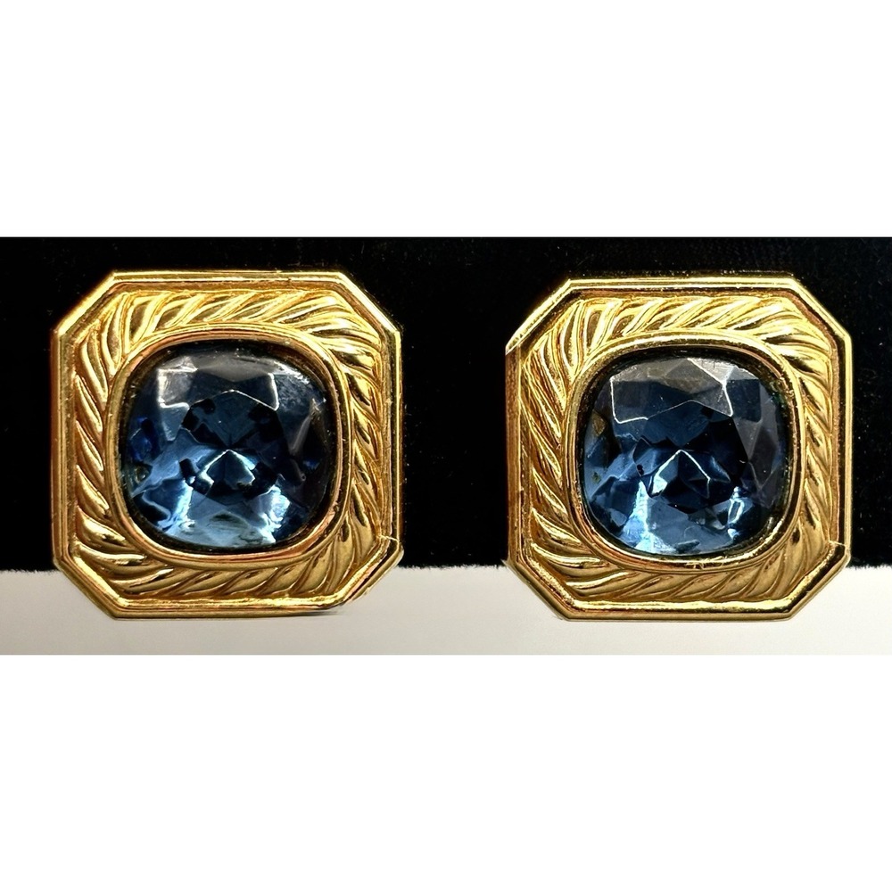 VTG 80s Lanvin Faux Sapphire Blue Glass Crystal Clip Earrings Germany Gold Tone